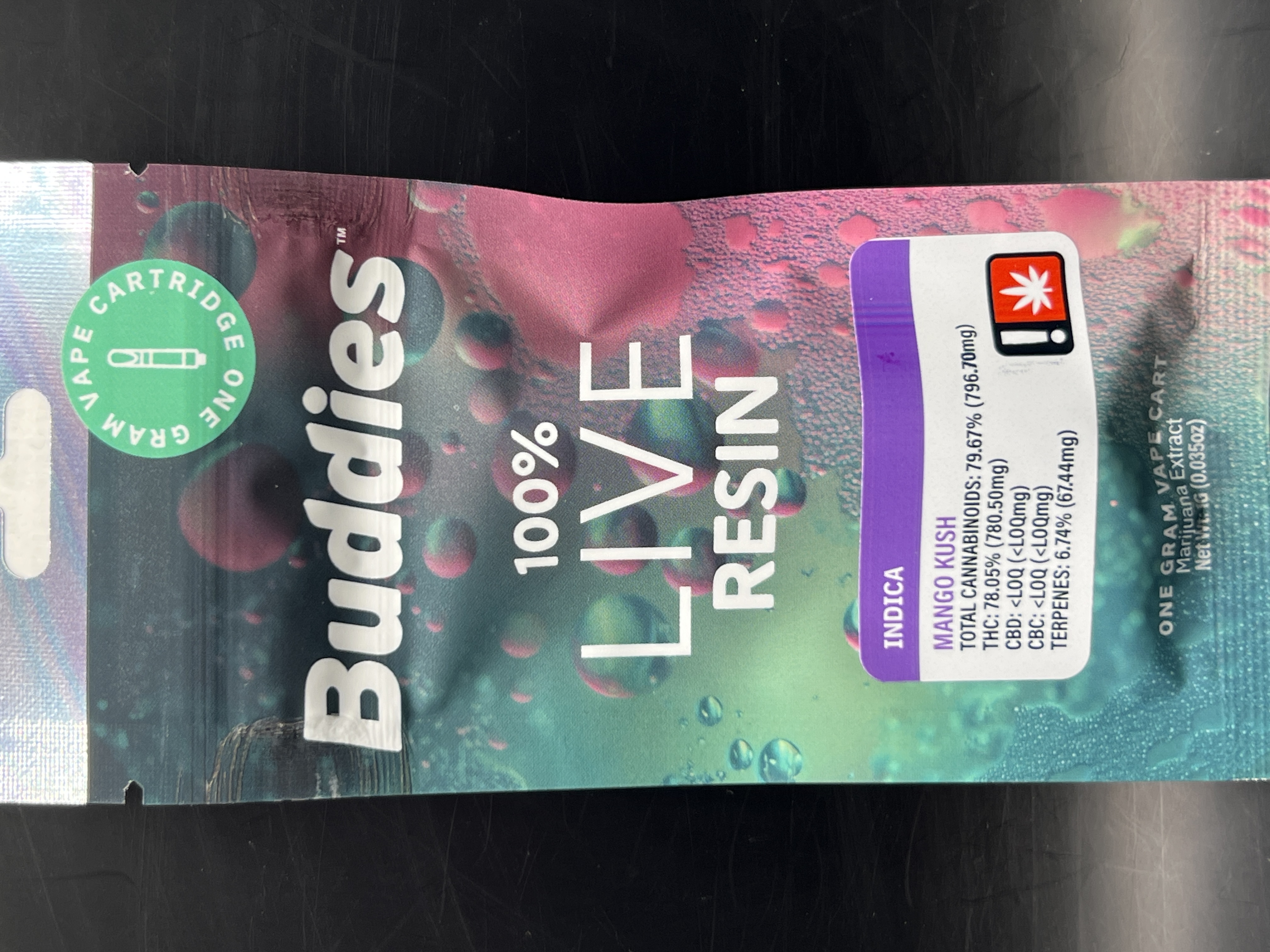 Photograph of product: Buddies Mango Kush Live Resin Cartridge