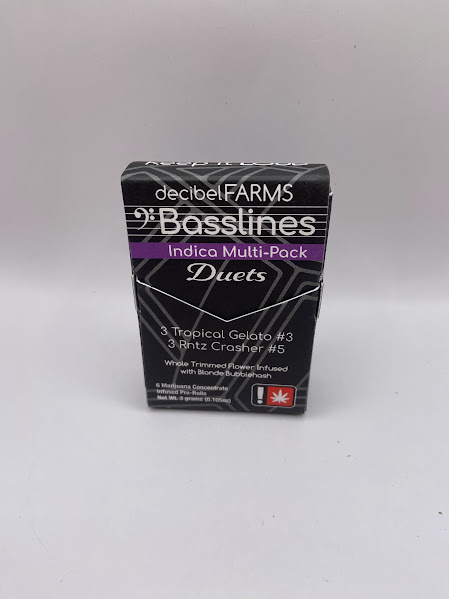 Photograph of product: Decibel Louds Infused PreRoll Duets 6pk | Oui'd | Tropical Gelato #3 & Rntz Crasher #5