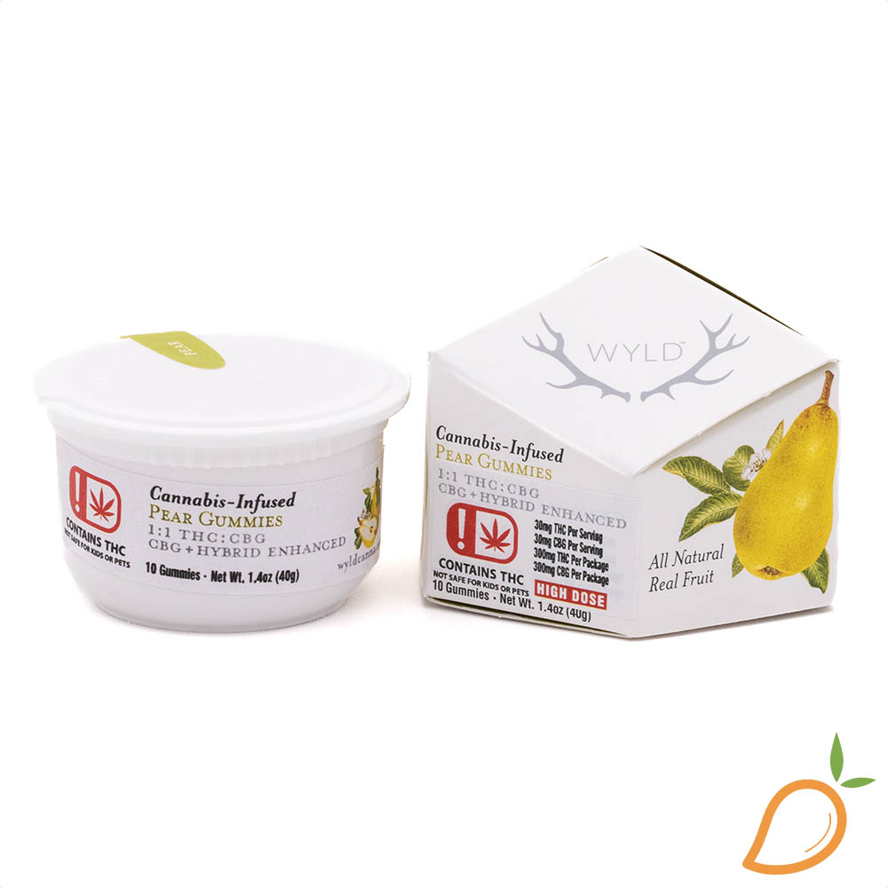 Photograph of product: 300mg 1:1 THC/CBG Pear Hybrid Gummies Wyld