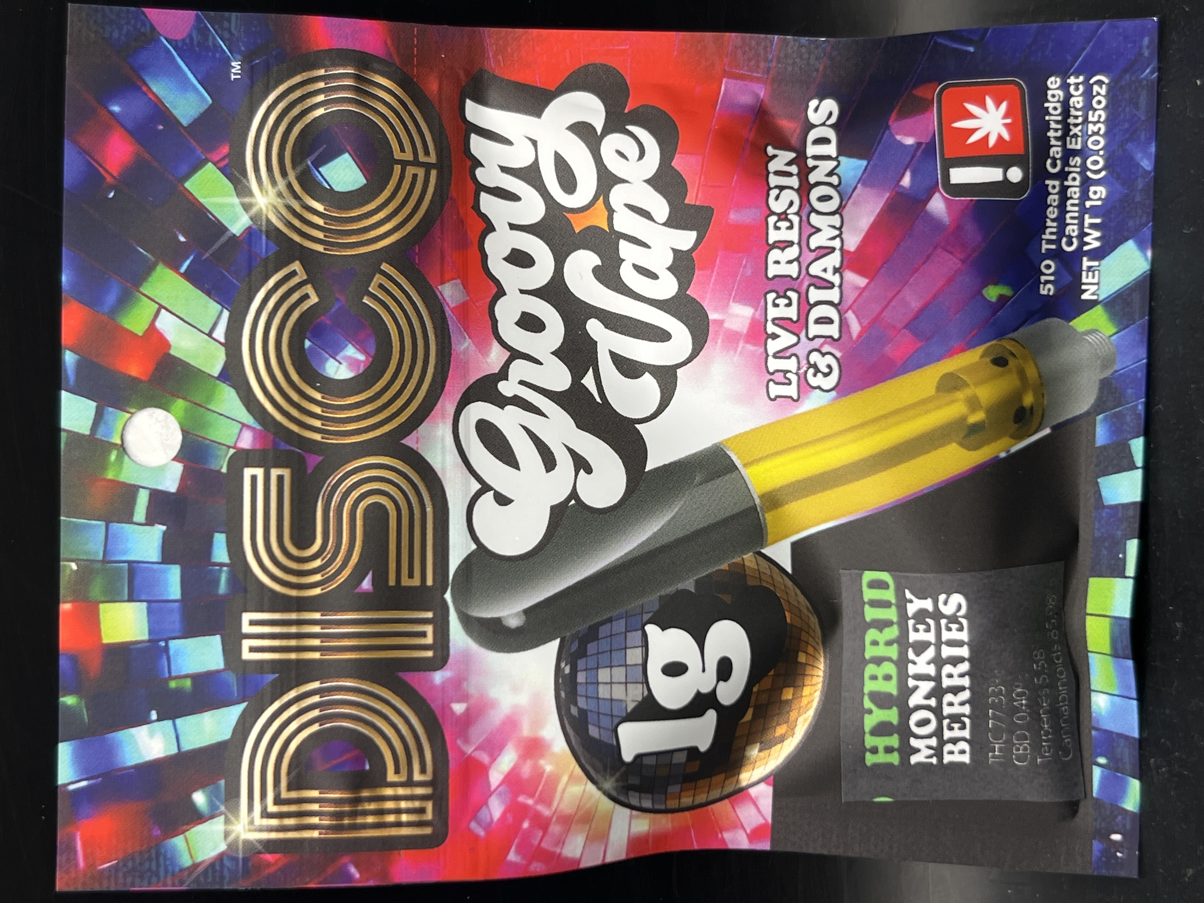 Photograph of product: Disco Dabs Monkey Berries Groovy Vape Cartridge