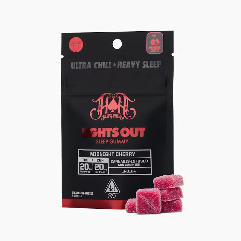 Photograph of product: HEAVY HITTERS GUMMIES EDIBLE - MIDNIGHT CHERRY TH-oui:CBN 100MG:50MG (5CT)