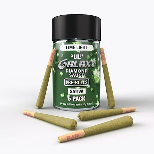 Photograph of product: D. Galaxy 5 x .7g LIL Diamond Sauce Infused Pre Rolls - Lime Light (S) - 