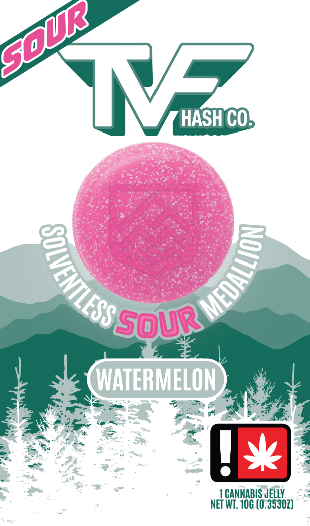 Photograph of product: TVF au chocolat Co. 100mg SOUR WATERMELON Oui'd Solventless Medallion Single Jelly