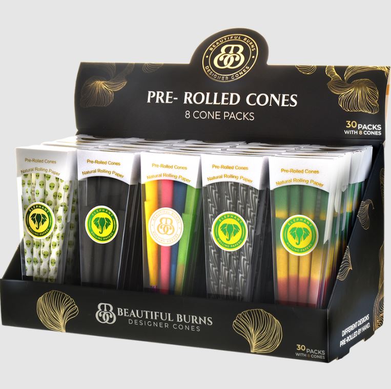 Photograph of product: Designer Pre-Rolled 120mm Cones Assorted Designs 8pk (A0131)