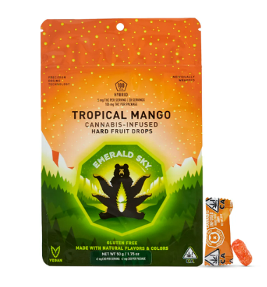 Photograph of product: Emerald Sky Tropical Mango Hybrid Hard Fruit Drops 20Pk 100mg