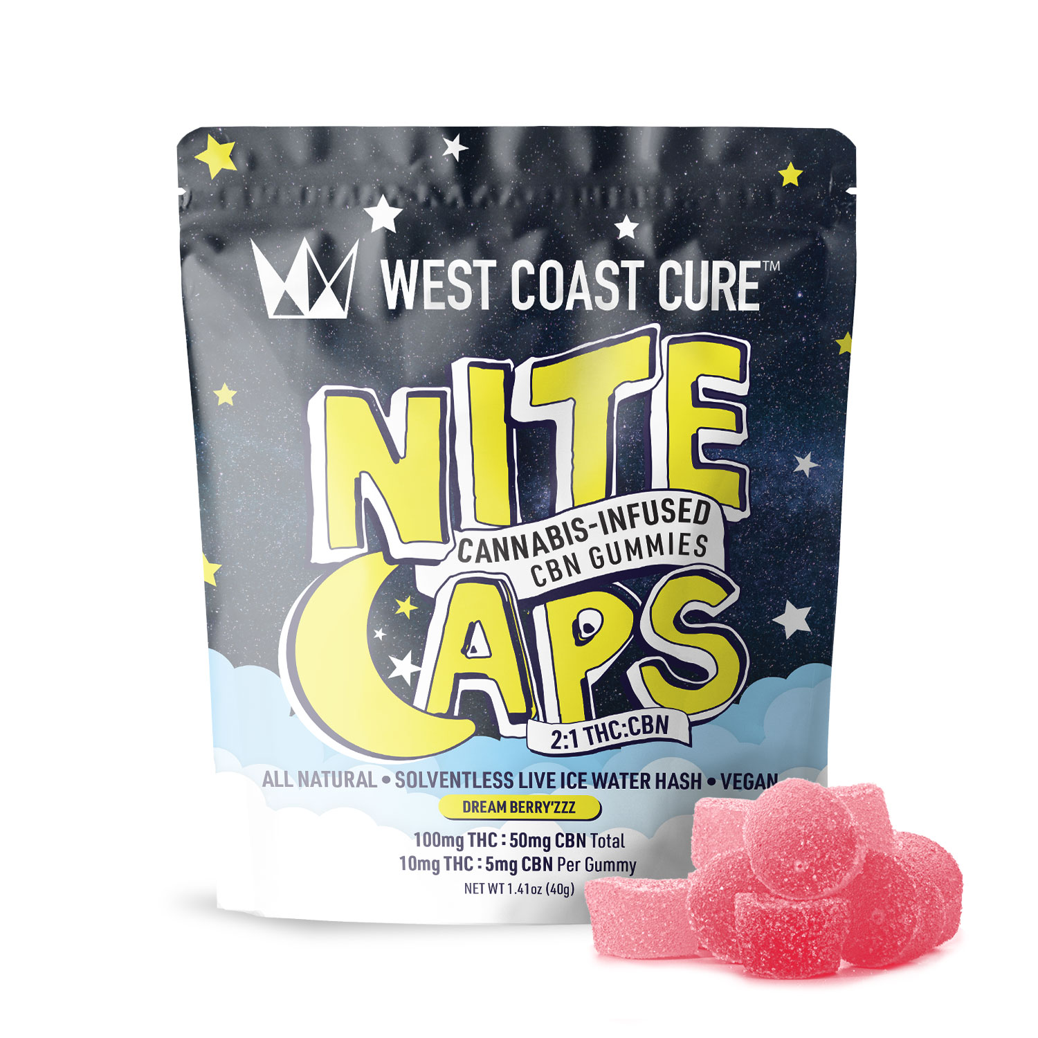 Photograph of product: West Coast Cure | Ice water Hash infused Gummies | Dream Berry'zzz | 2:1 Thc:Cbn