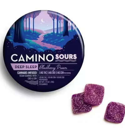 Photograph of product: Camino Sours 1:1:1 Blackberry Dream Gummies 100mg 20pk (TH-oui:CBD:CBN)