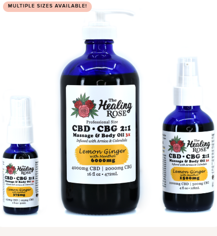 Photograph of product: The Healing Rose | Lemon Ginger CBD Massage and Body Oil | 250mg CBD | 1oz