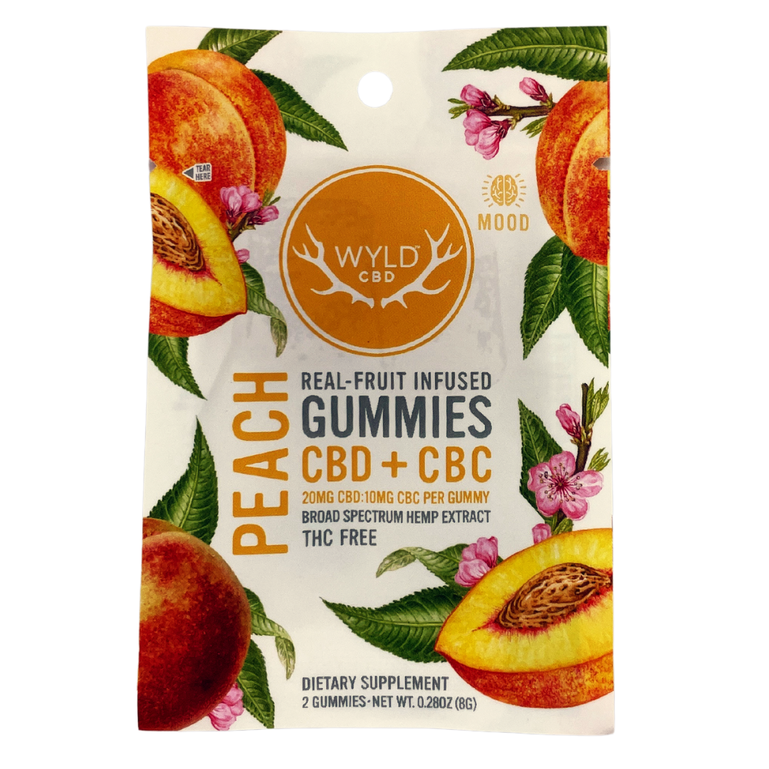 Photograph of product: Wyld CBD | Peach CBD + CBC Gummies | 40mg CBD/20mg CBC THC-Free | MOOD | 2ct (20mg CBD/10mg CBC per)