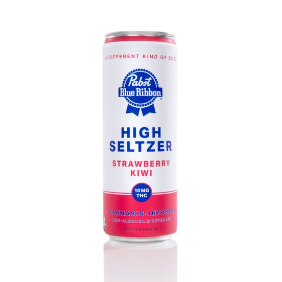 Photograph of product: Pabst Blue Ribbon Infused Seltzer Strawberry Kiwi Singles 10mg - 