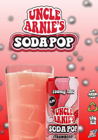 Photograph of product: Uncle Arnies Soda 100mg Strawberry