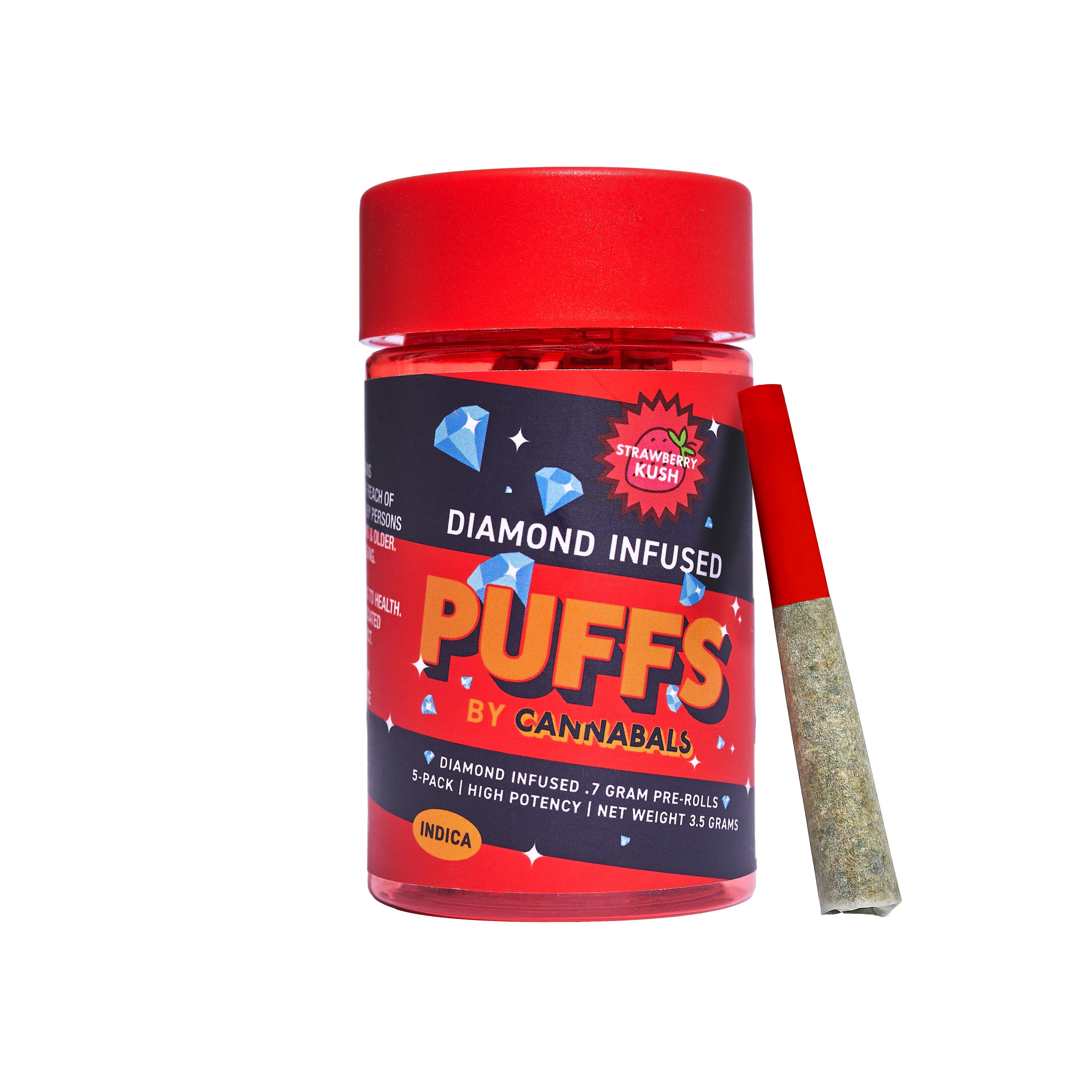 Photograph of product: Cannabals Puffs Diamond Infused Pre-Roll Strawberry Kush 7 Pack(3.5G) Hybrid- 33%TH-oui