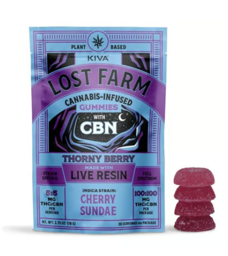 Photograph of product: Kiva Lost Farms 1:1 Cherry Sundae x Thornyberry 100mg Live Rosin Gummies