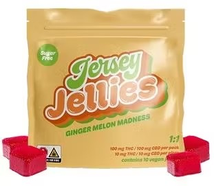 Photograph of product: Jersey Jellies - Ginger Melon Madness Cured Resin 1:1 CBD:TH-oui Sugar Free Gummies - 100mg (10pc)
