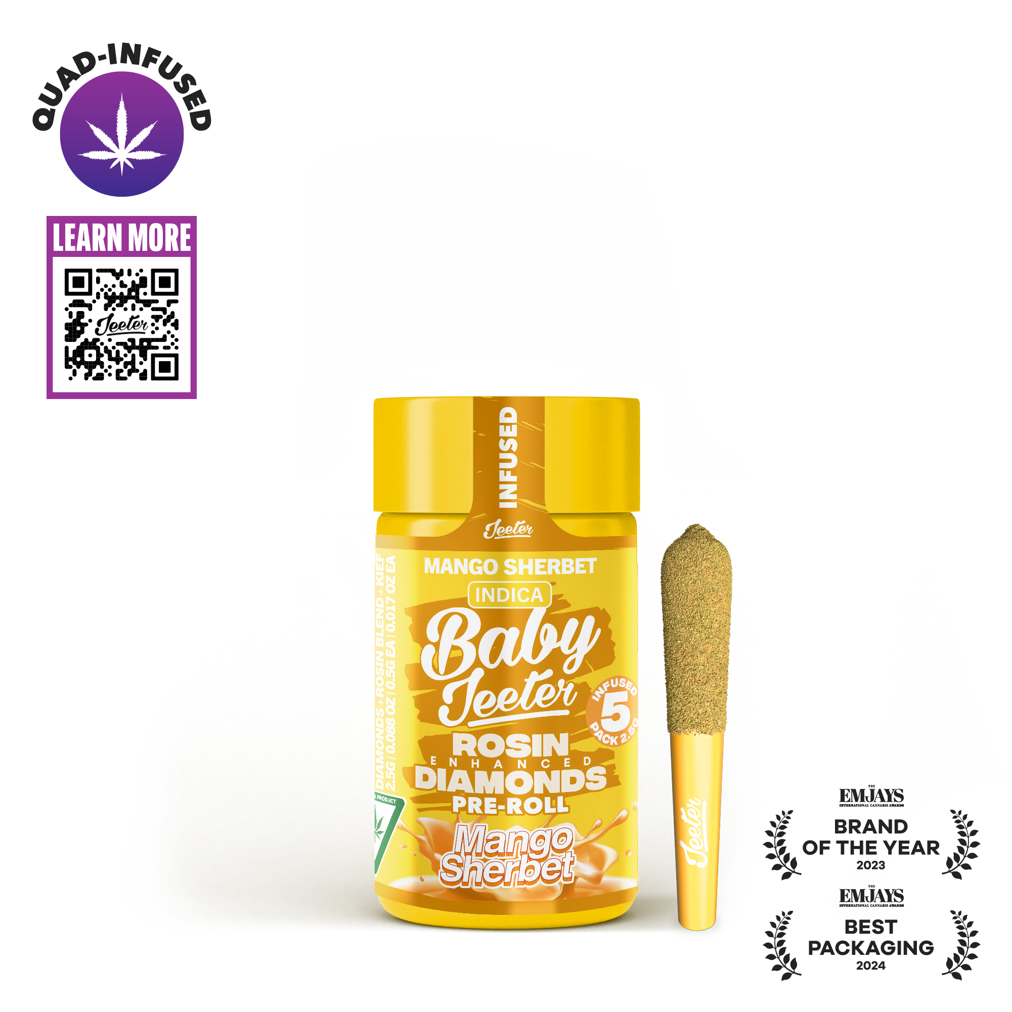 Photograph of product: Mango Sherbet 5 Pack (2.5g Total) Quad Infused Prerolls