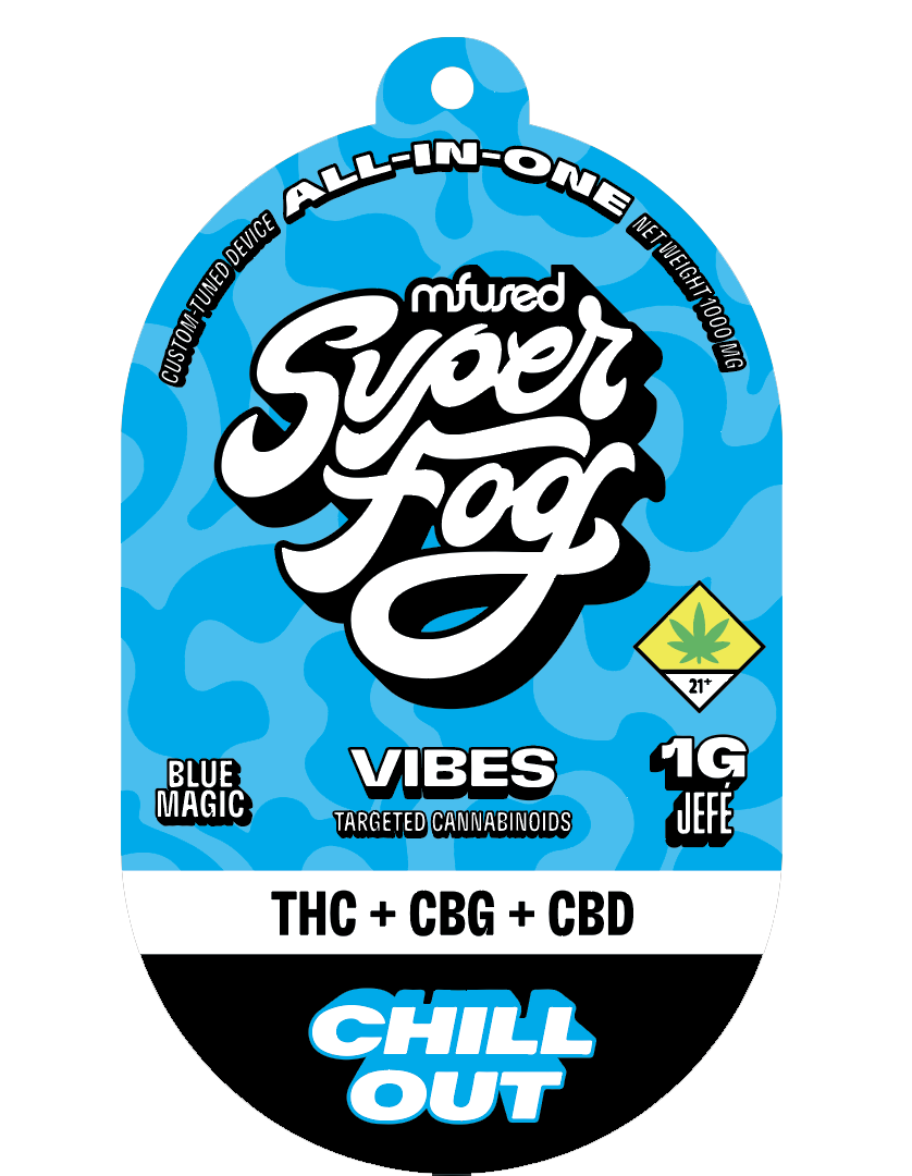 Photograph of product: Mfused Superfog Vibes VAPE Chill Out Blue Rasp CBD:CBG 1:1:1 Disp 1g
