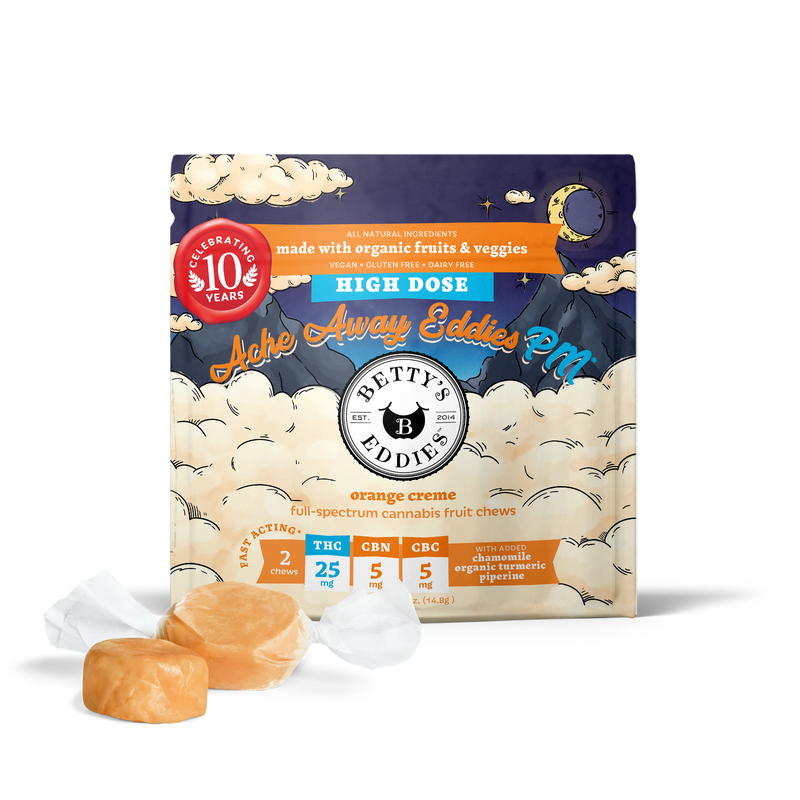 Photograph of product: Orange Creme (High Dose) | 25mg TH-oui: 5mg CBN: 5mg CBC | 2pk Fruit Chews | Betty's Eddies