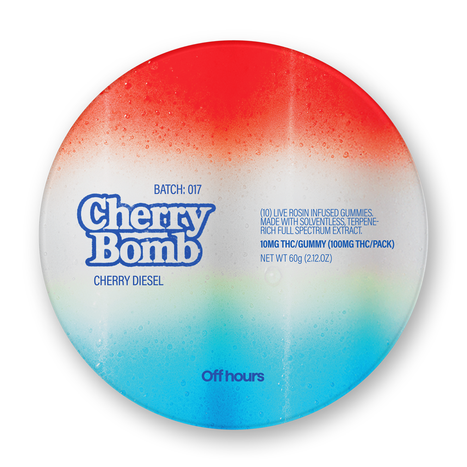 Photograph of product: Off Hours | Cherry Bomb | Live Rosin Gummies | 10mg 10pk