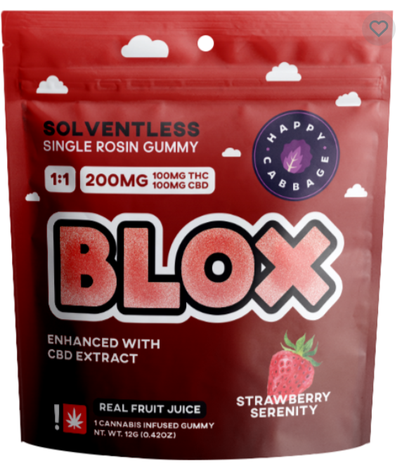 Photograph of product: Happy Cabbage | BLOX | High Dose Gummy | Strawberry Serenity CBD | 100mg:100mg
