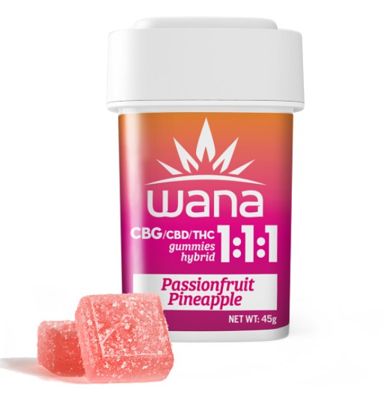 Photograph of product: 1:1:1 | Passionfruit Pineapple | 10mg THC x 10mg CBG x 10mg CBD | 10pk | Wana