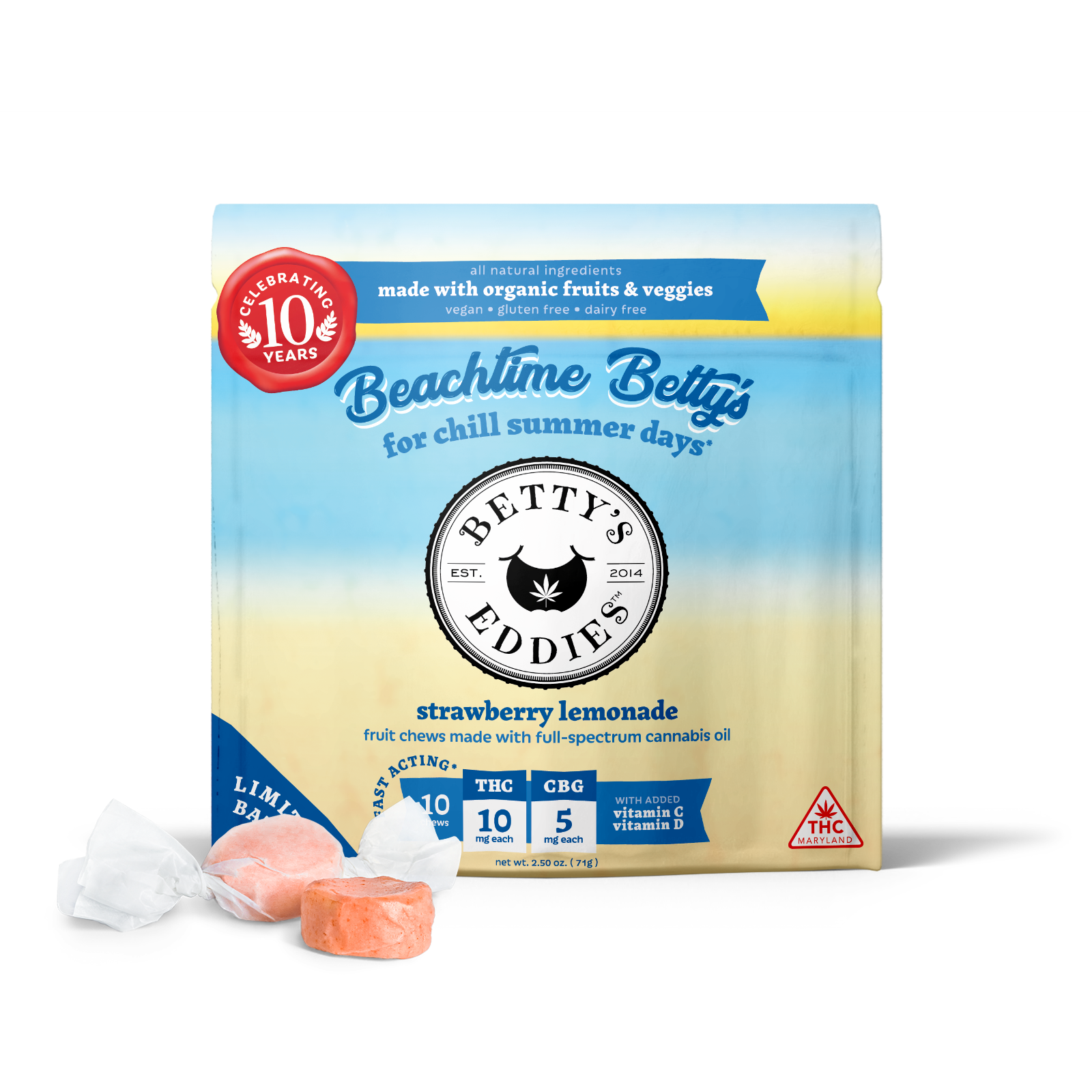 Photograph of product: Betty's Eddies | Chews | Beachtime Betty's | Strawberry Lemonade 2:1 | 10 x 10mg TH-oui: 5mg CBG