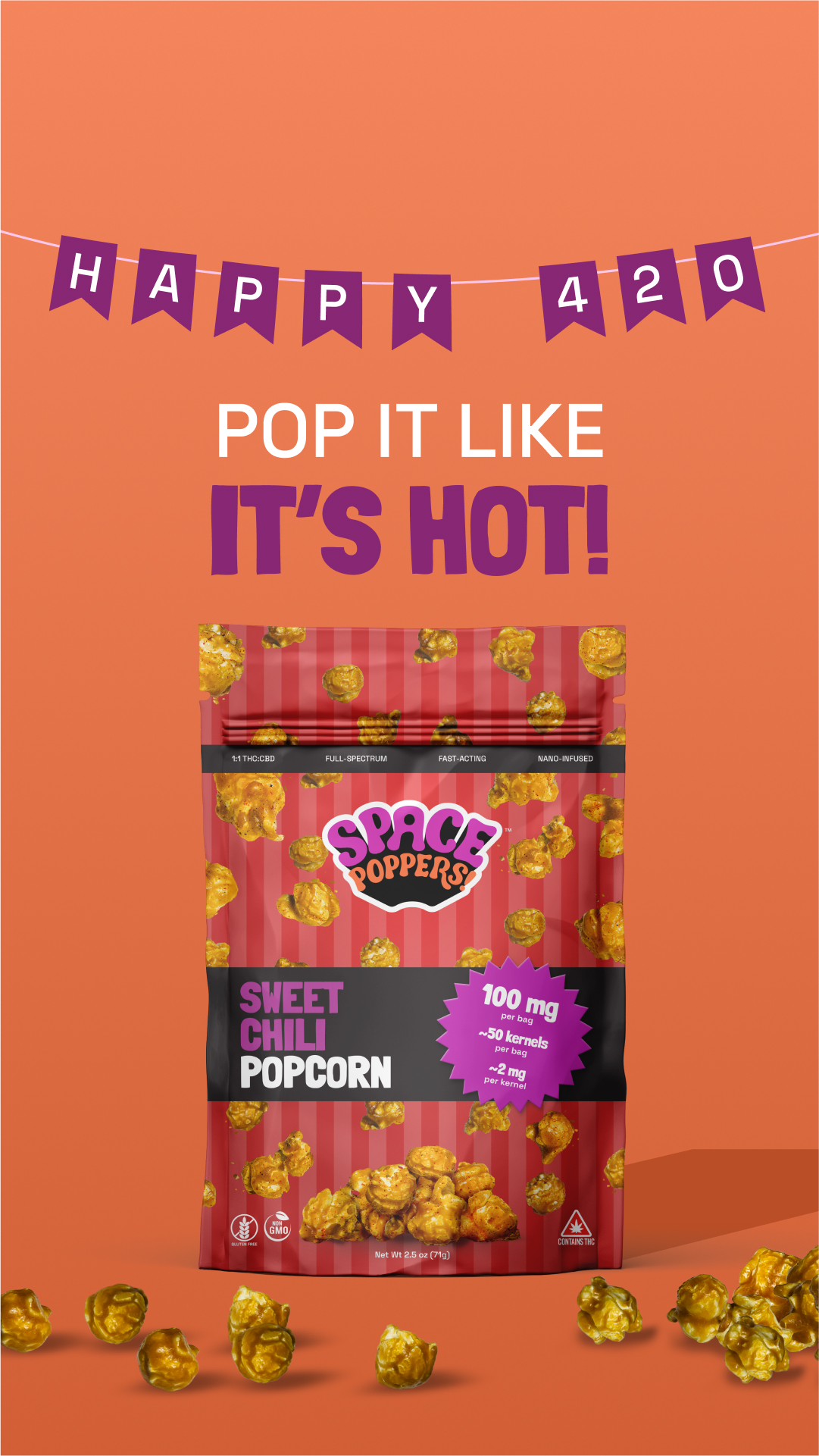 Photograph of product: Sweet Chili 100mg 1:1 CBD: TH-oui Infused Popcorn Space Poppers