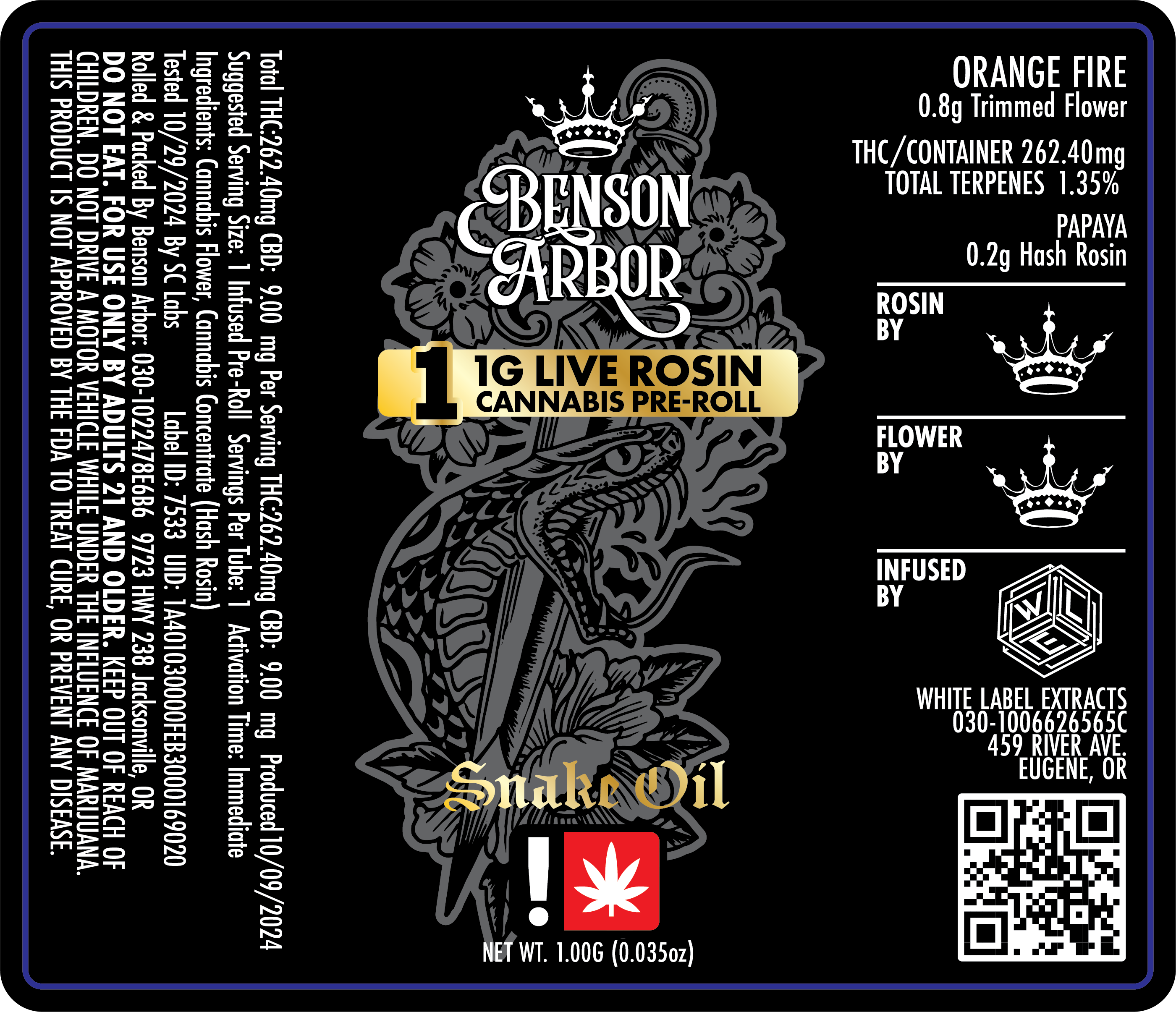 Photograph of product: Benson Arbor // 1.5g Dirty Orange Apricot Snake Oil Infused Pre-Roll