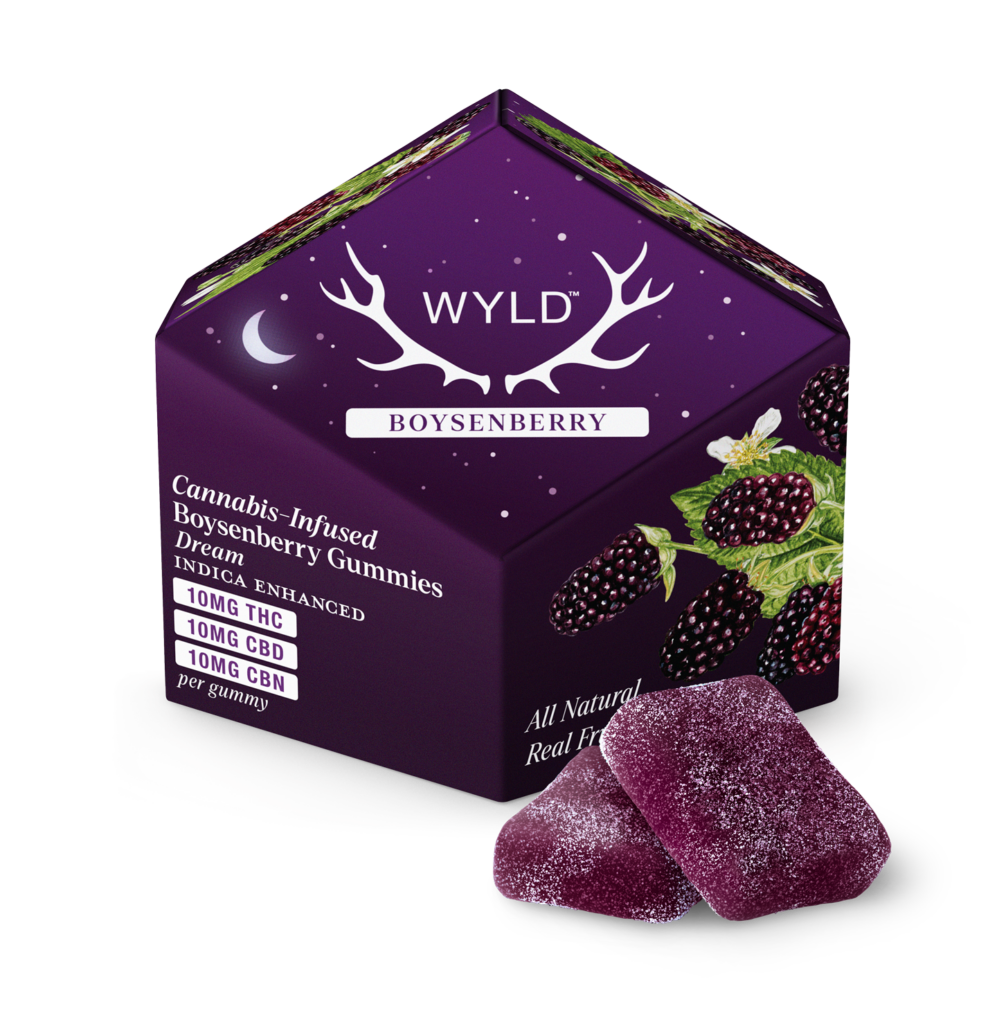 Photograph of product: WYLD Gummies 100mg: Boysenberry Oui'd Enhanced 1:1:1 TH-oui:CBN:CBD 10pc