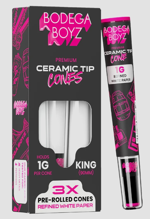 Photograph of product: Bodega Boyz | Premium Ceramic Tip King 1g Cone 3pk Refined White Paper
