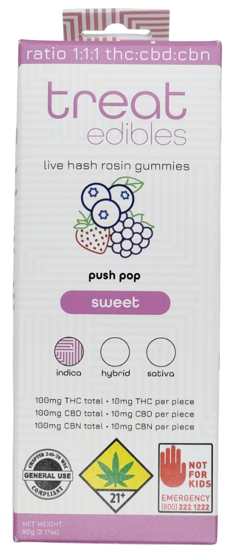 Photograph of product: Treat Rosin Gummies Sweet Push Pop Oui'd 1:1:1 CBN:TH-oui:CBD 10pk