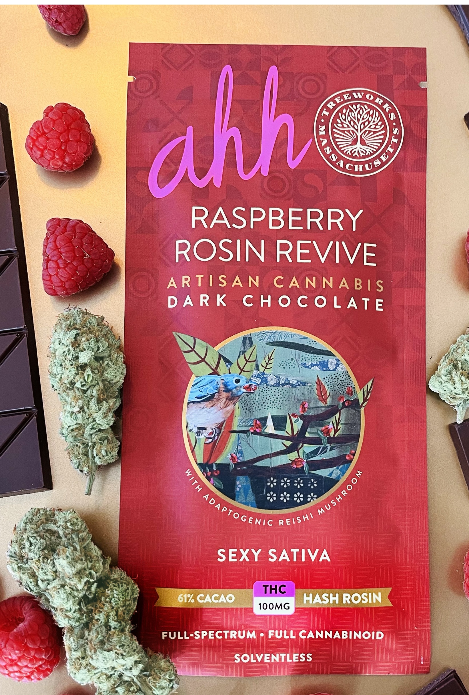 Photograph of product: Raspberry Rosin Revive Dark Chocolate | Oui'd
