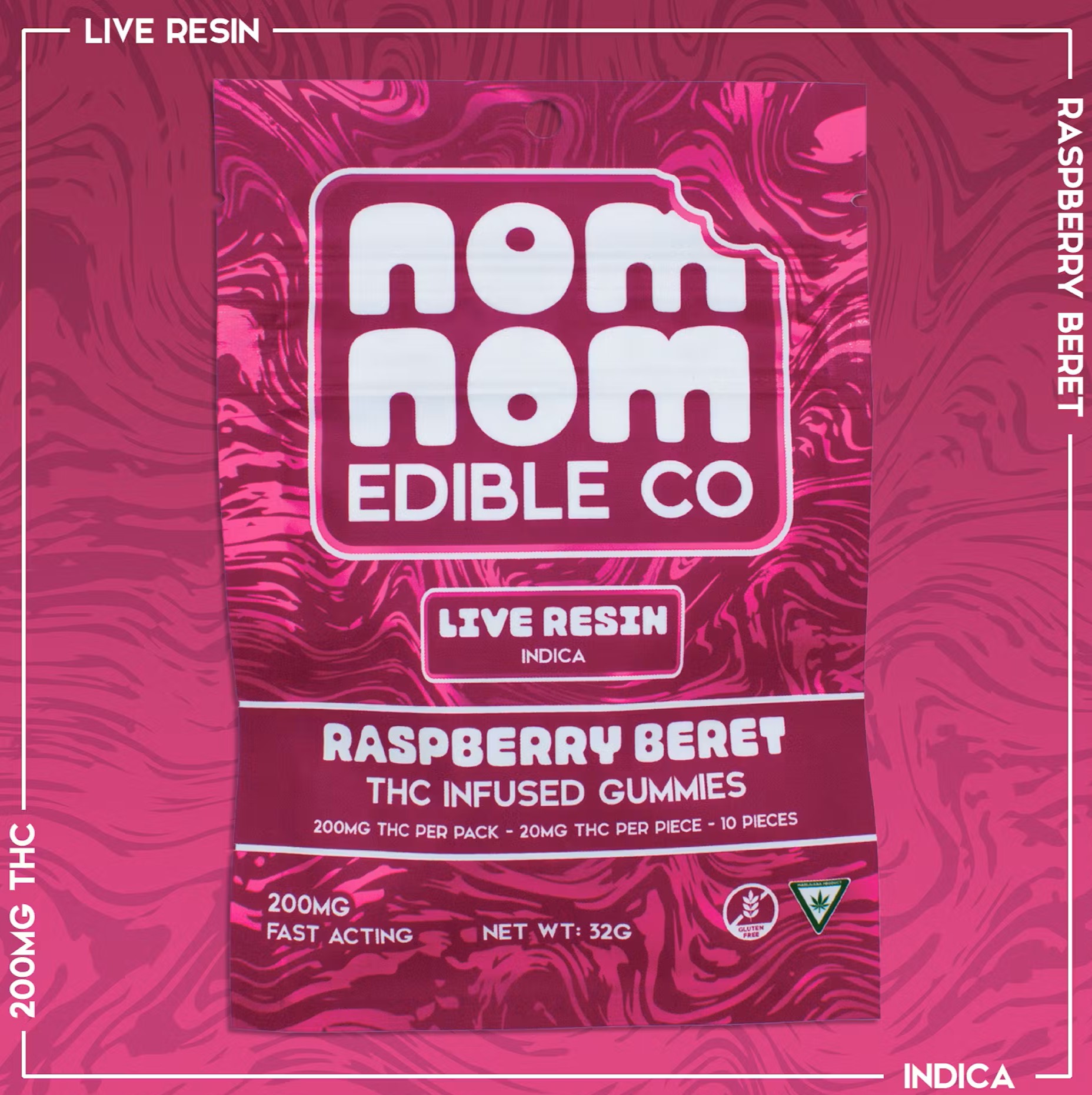 Photograph of product: Nom Nom: Raspberry Beret Gummies Live Resin 200MG