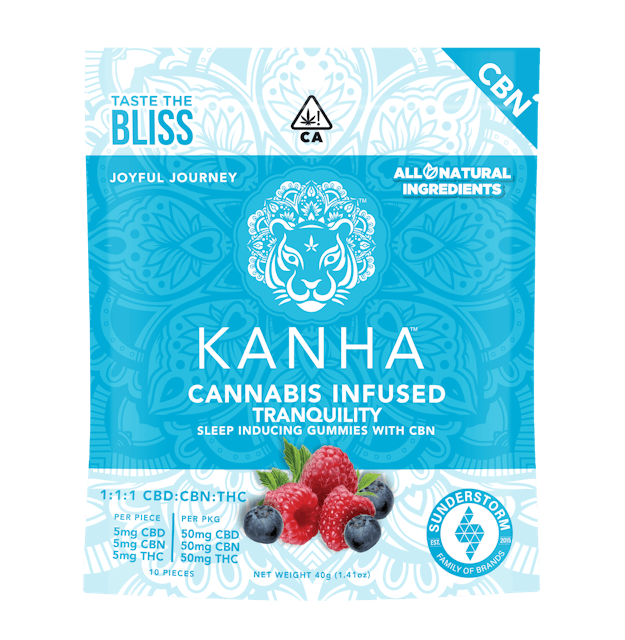 Photograph of product: Blue Raspberry Tranquility 1:1:1 CBN:CBD:THC Gummies (100mg) - 