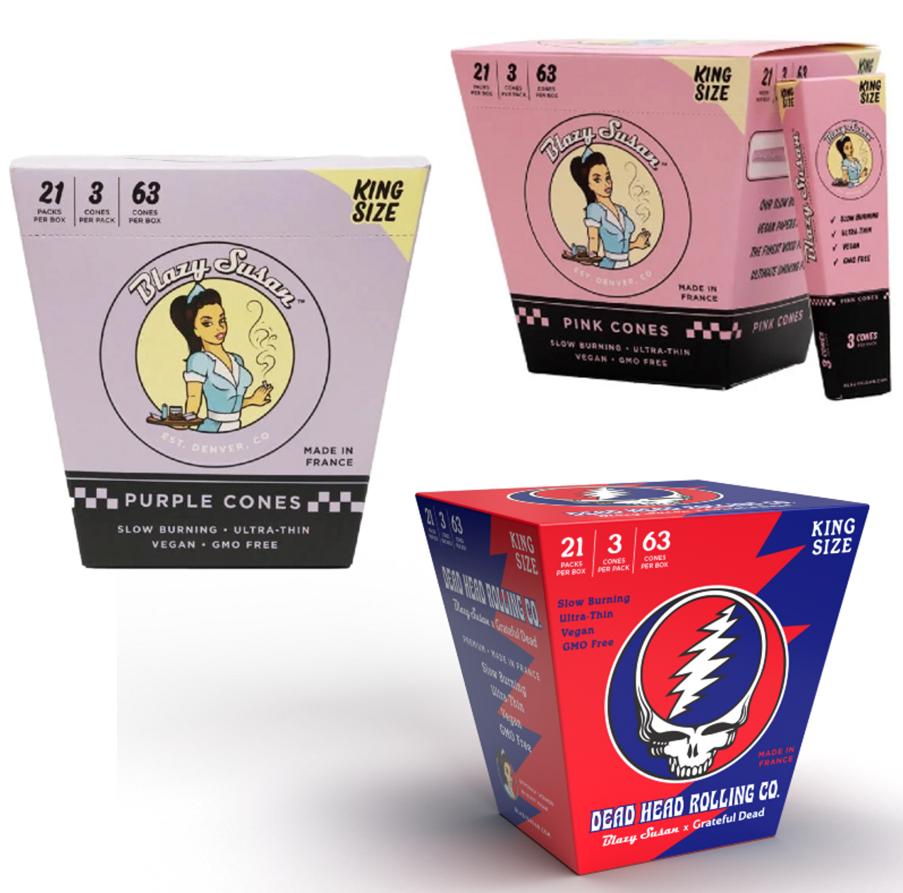 Photograph of product: BLAZY SUSAN KING SIZED DEADHEAD ROLLING CONES 3PK