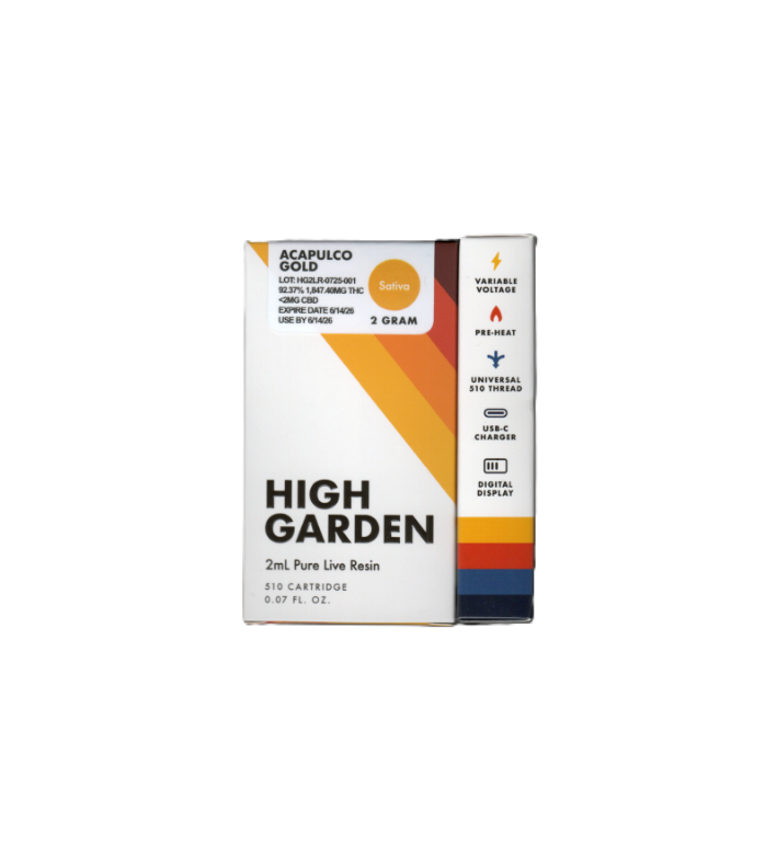 Photograph of product: High Garden Pure Live Resin Cartridge- Acapulco Gold 2mL