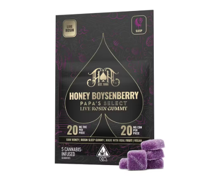Photograph of product: Heavy Hitters Honey Boysenberry 1:1 TH-oui:CBN Live Rosin Gummies 200mg