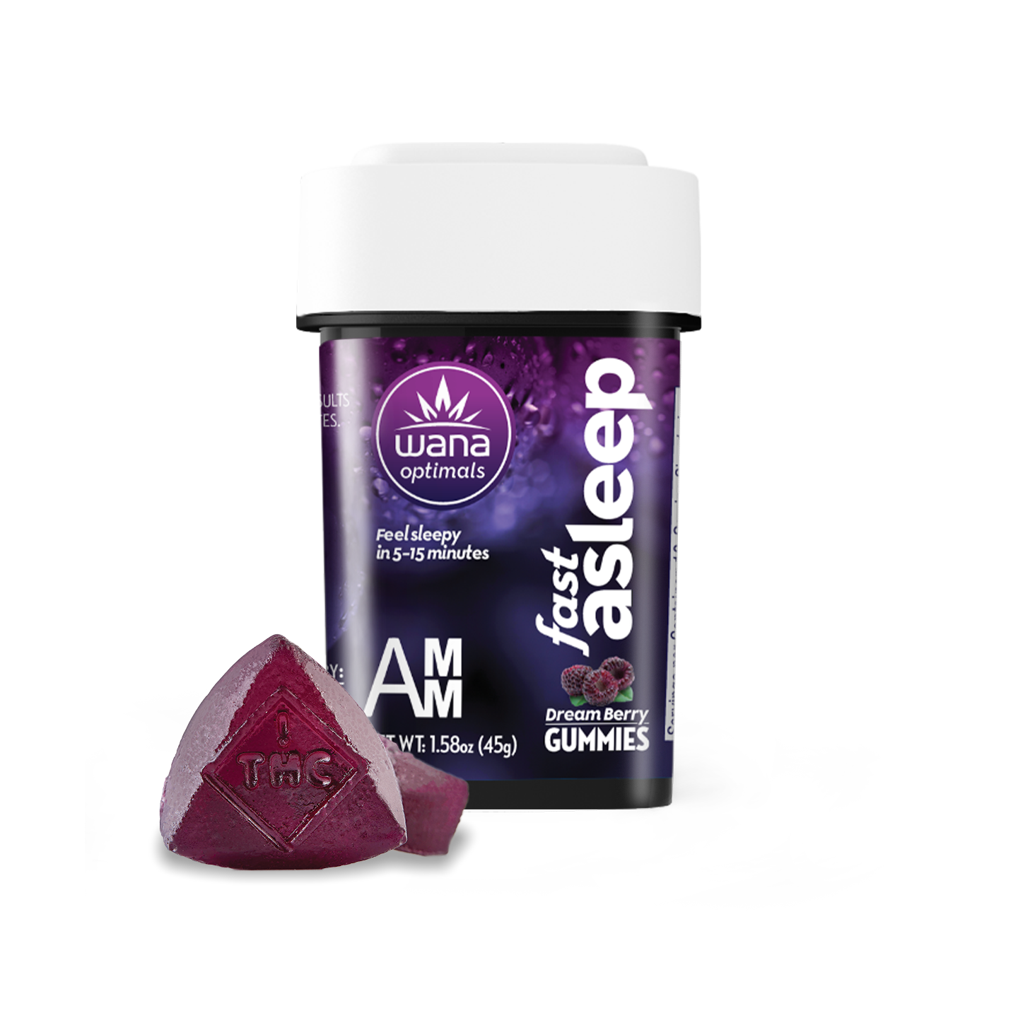 Photograph of product: Wana: Ratio Gummies | Fast Asleep Dream Berry 5:1 | 100mg CBD : 20mg THC : 20mg CBG : 20mg CBN : 20mg Melatonin | 10pk