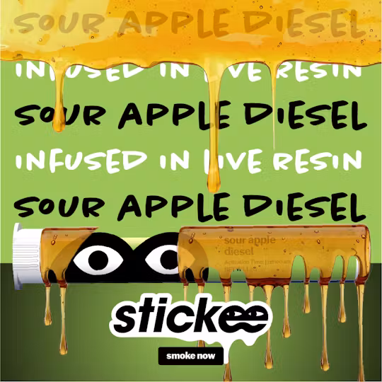 Photograph of product: Stickee | Live Resin Infused Pre-Roll | Sour Apple Diesel | 1.2g
