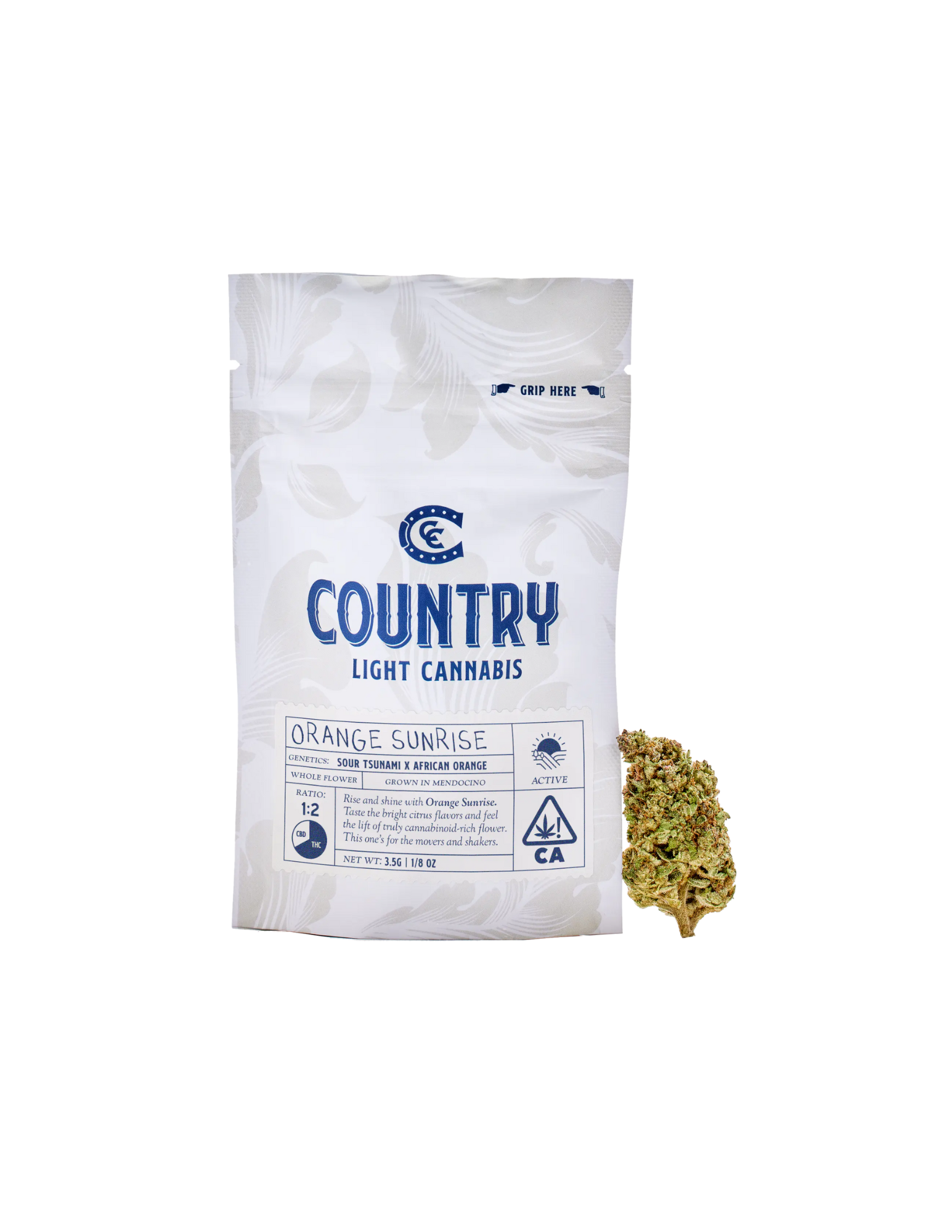 Photograph of Product: Country Cannabis: Light Cannabis 1:2 High CBD:THC Flower (Orange Suntise) - 3.5g