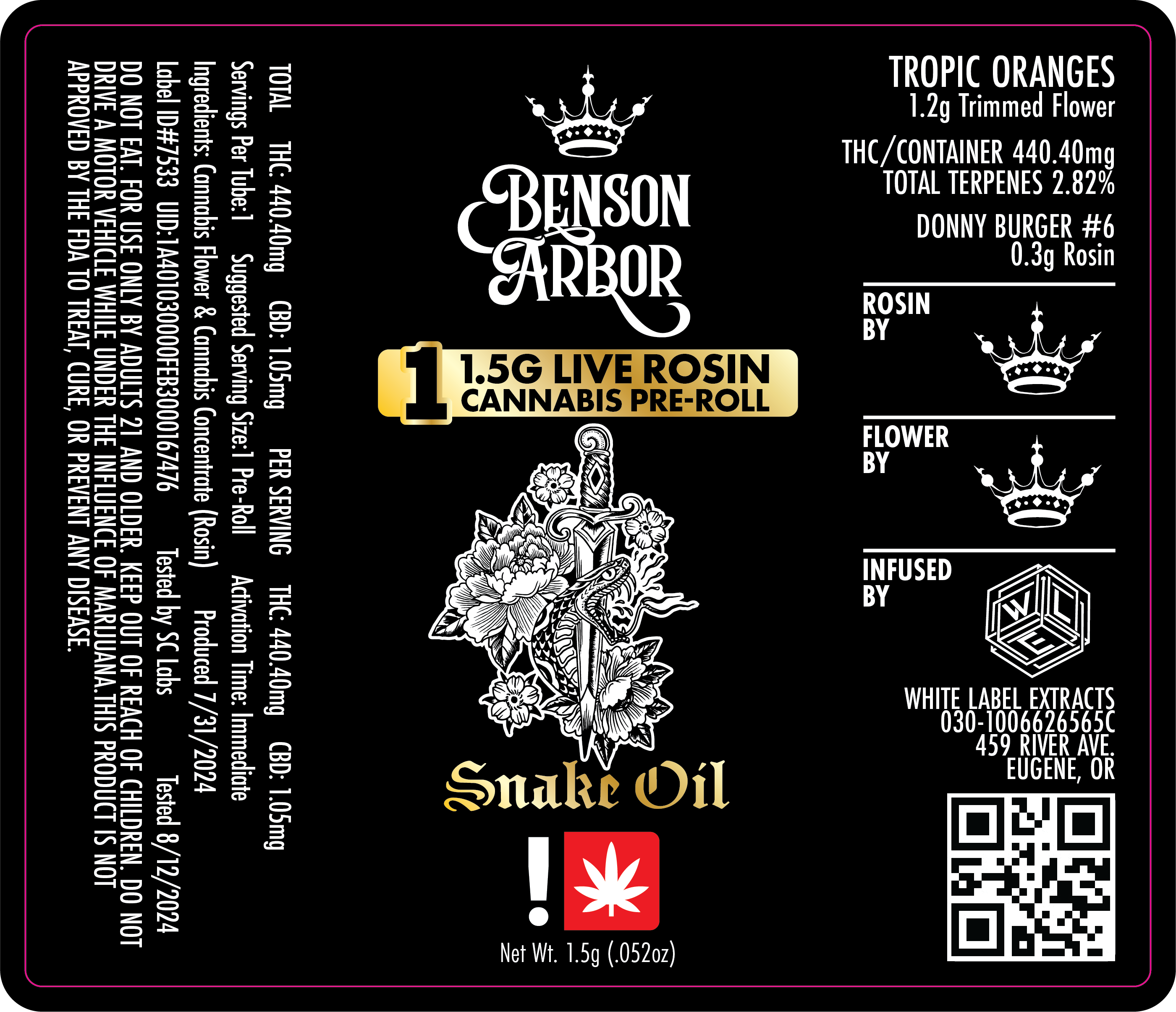Photograph of product: Snake Oil - 1.5g Live Rosin Infused Preroll - Benson Arbor - Tropic Oranges / Donny Burger