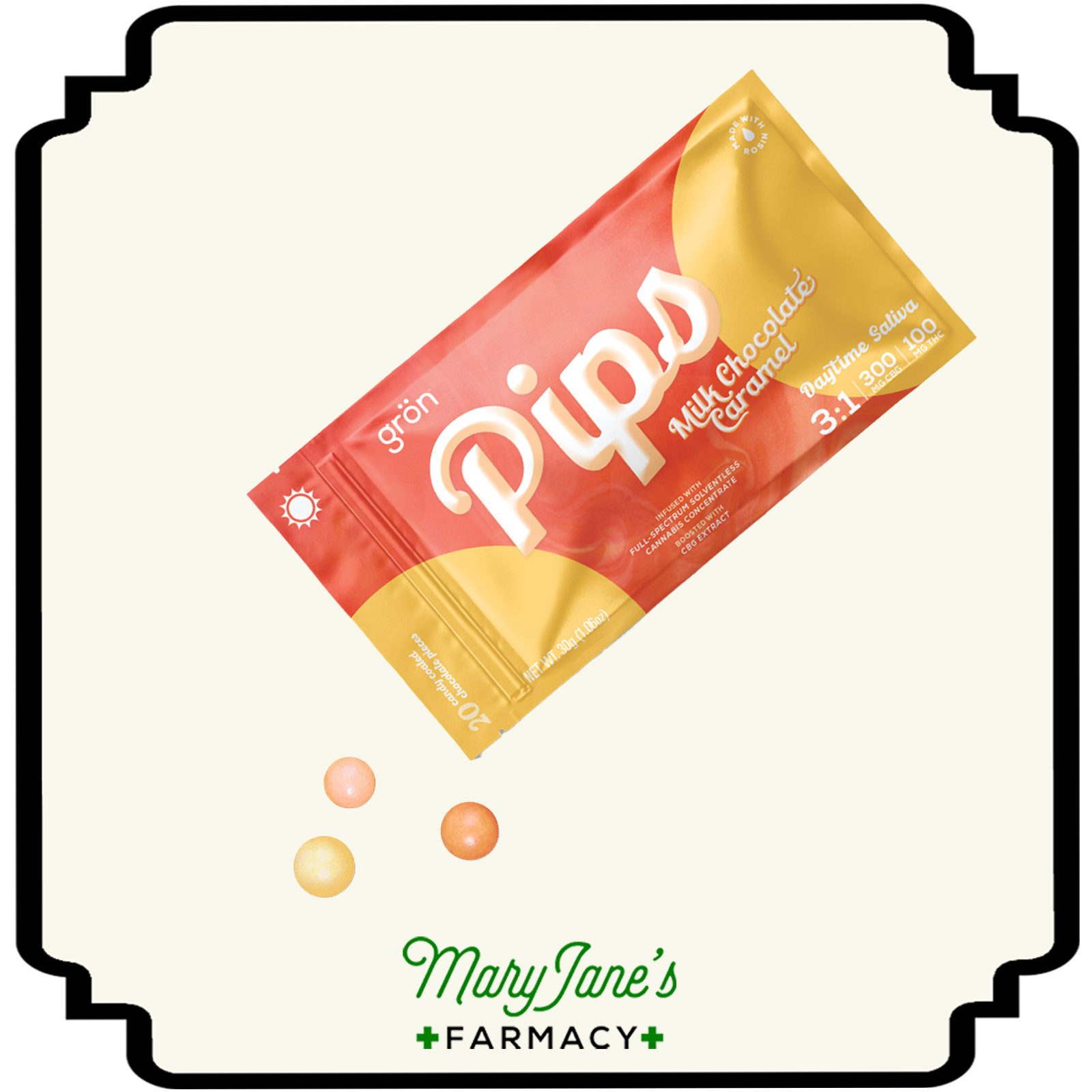 Photograph of product: Pips Milk Chocolate Caramel Pieces 3:1 High CBG 20-Pack | 100mg