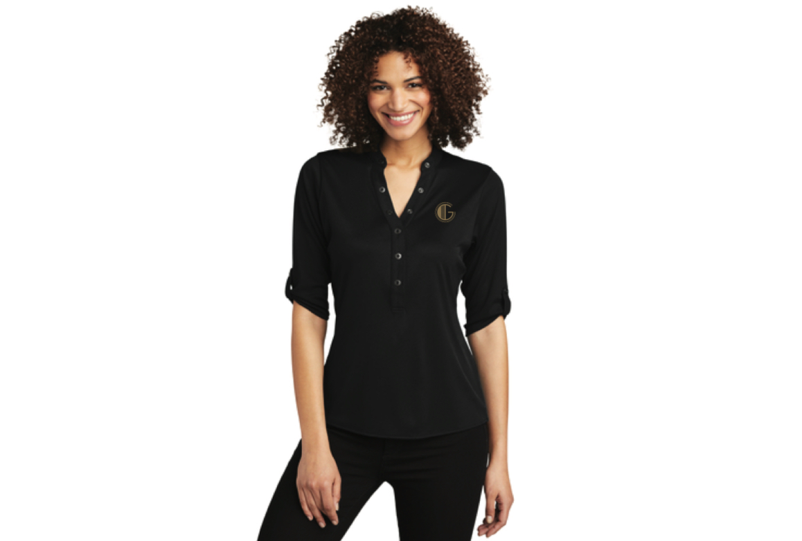 Photograph of product: GATSBY OUID! CO. MERCH | 4 SLEEVE MID BUTTON TOP - LADIES | XL