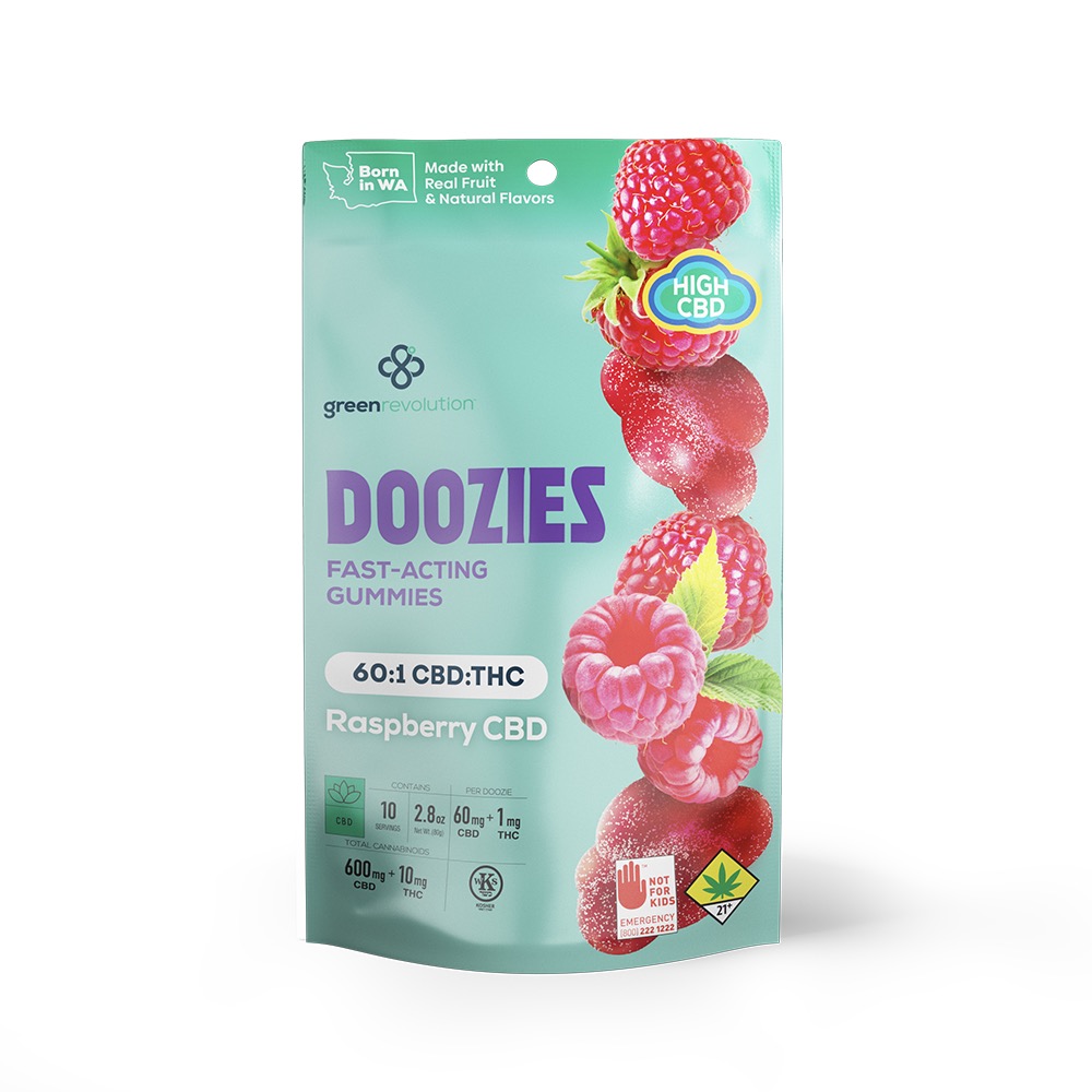 Photograph of product: Doozies - Raspberry 60:1 CBD/TH-oui Gummies 10pk (10mg)