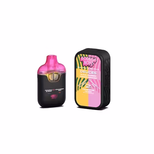 Photograph of product: Bodega Boyz | Vape | Pineapple Slushie X Strawberry Milk | 2g | Live Resin | Dual Chamber | All In One | Deuces | Oui'd X Oui'd | 70.46% Thc