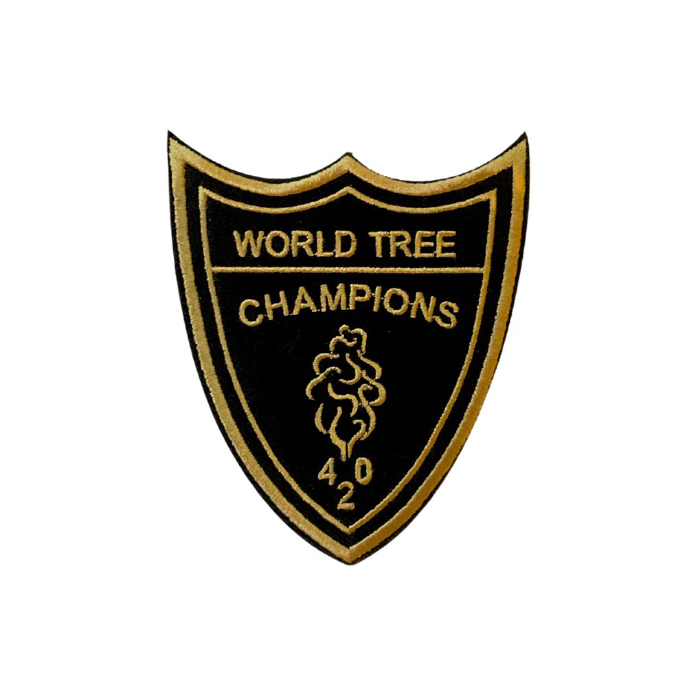 Photograph of product: Tree Shurts "World Tree Champions" Embroidered Iron-On Applique Patch