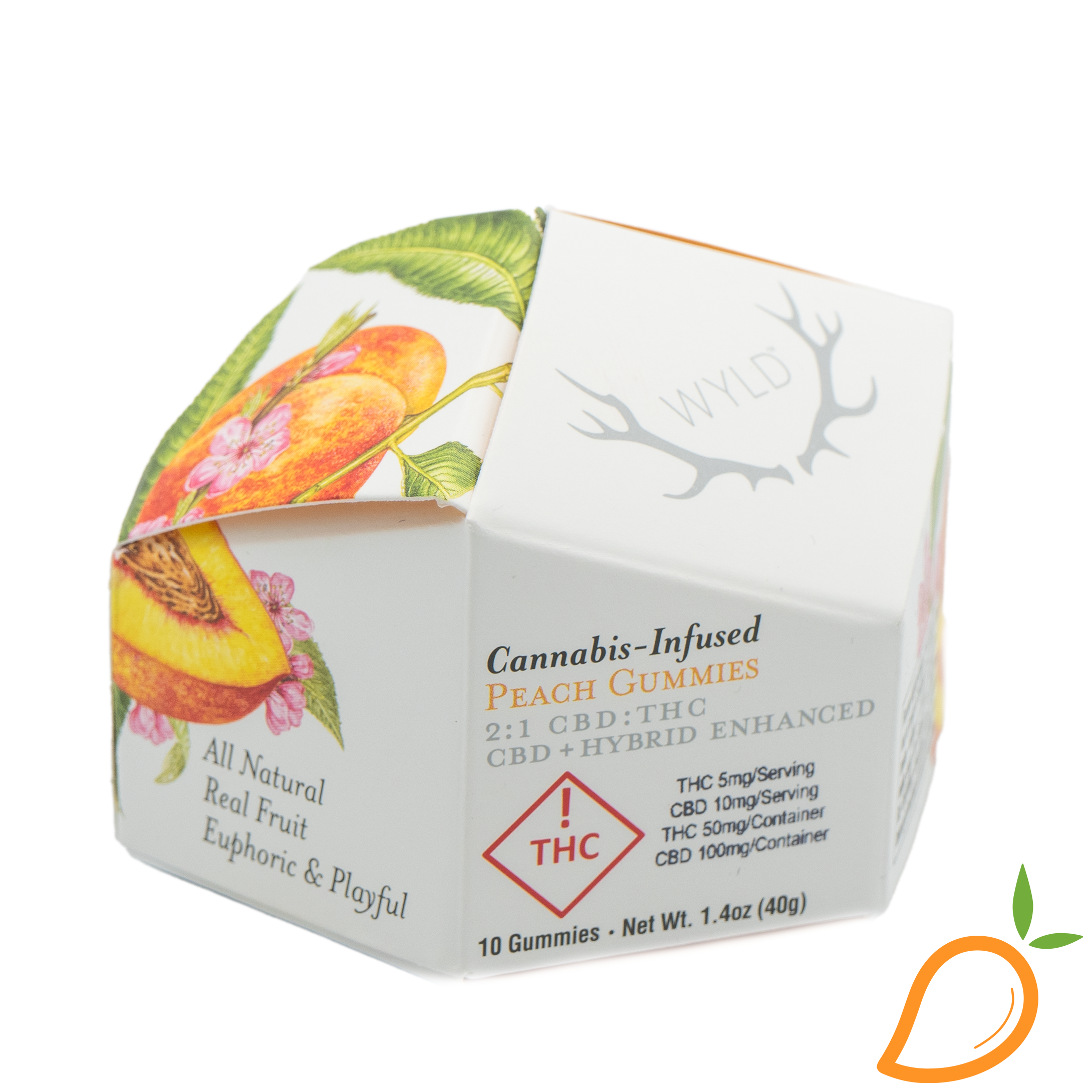 Photograph of product: 100mg 2:1 CBD/TH-oui Peach Hybrid Gummies Wyld
