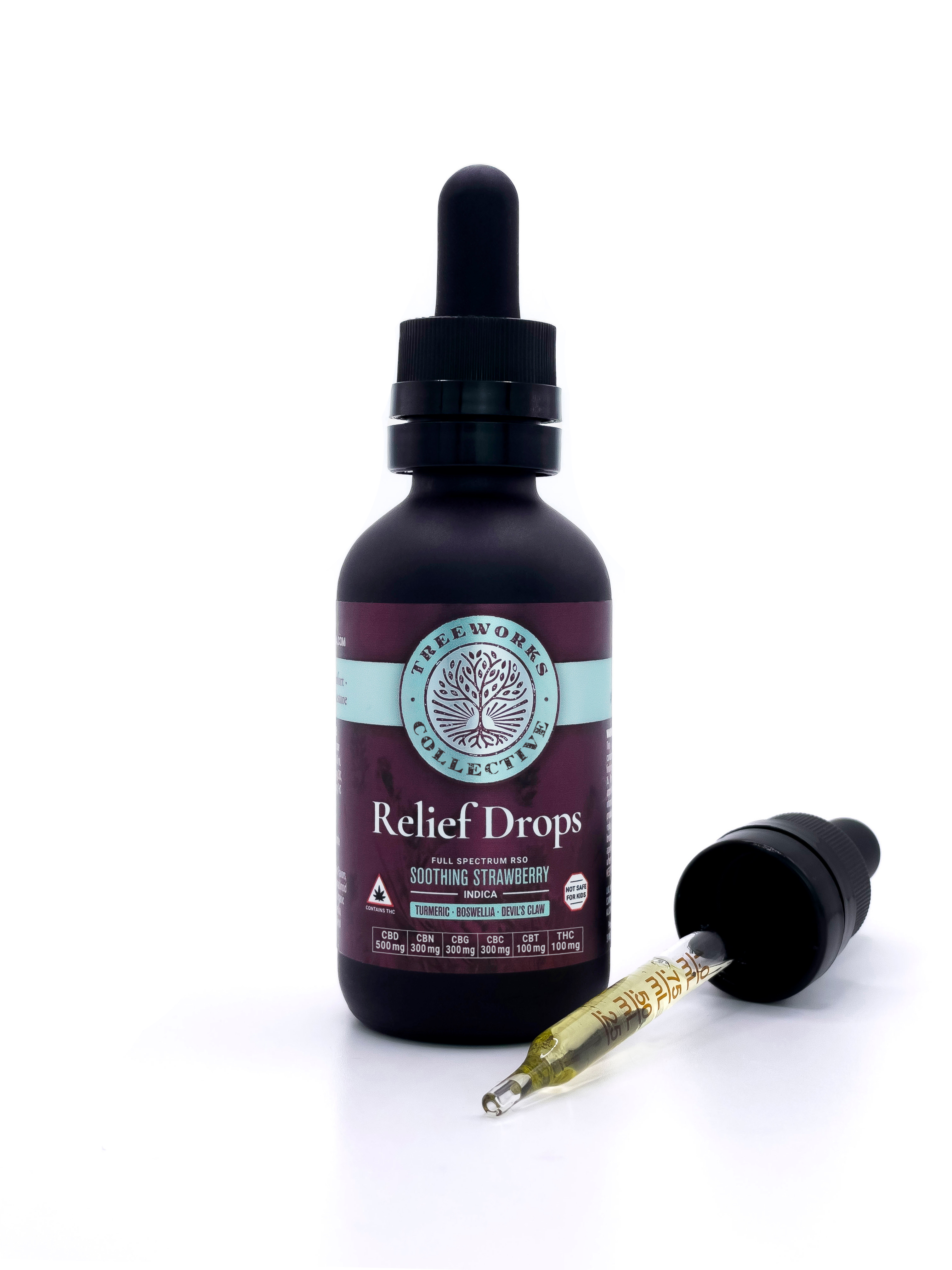 Photograph of product: Relief Drops | 5:3:3:1:1 CBD:CBN:CBG:CBC:TH-oui | RSO-Infused Tincture