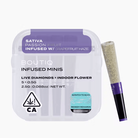 Photograph of product: Boutiq Infused Mini Pre-roll 5pk Passionfruit x Grapefruit Haze 2.5g - 