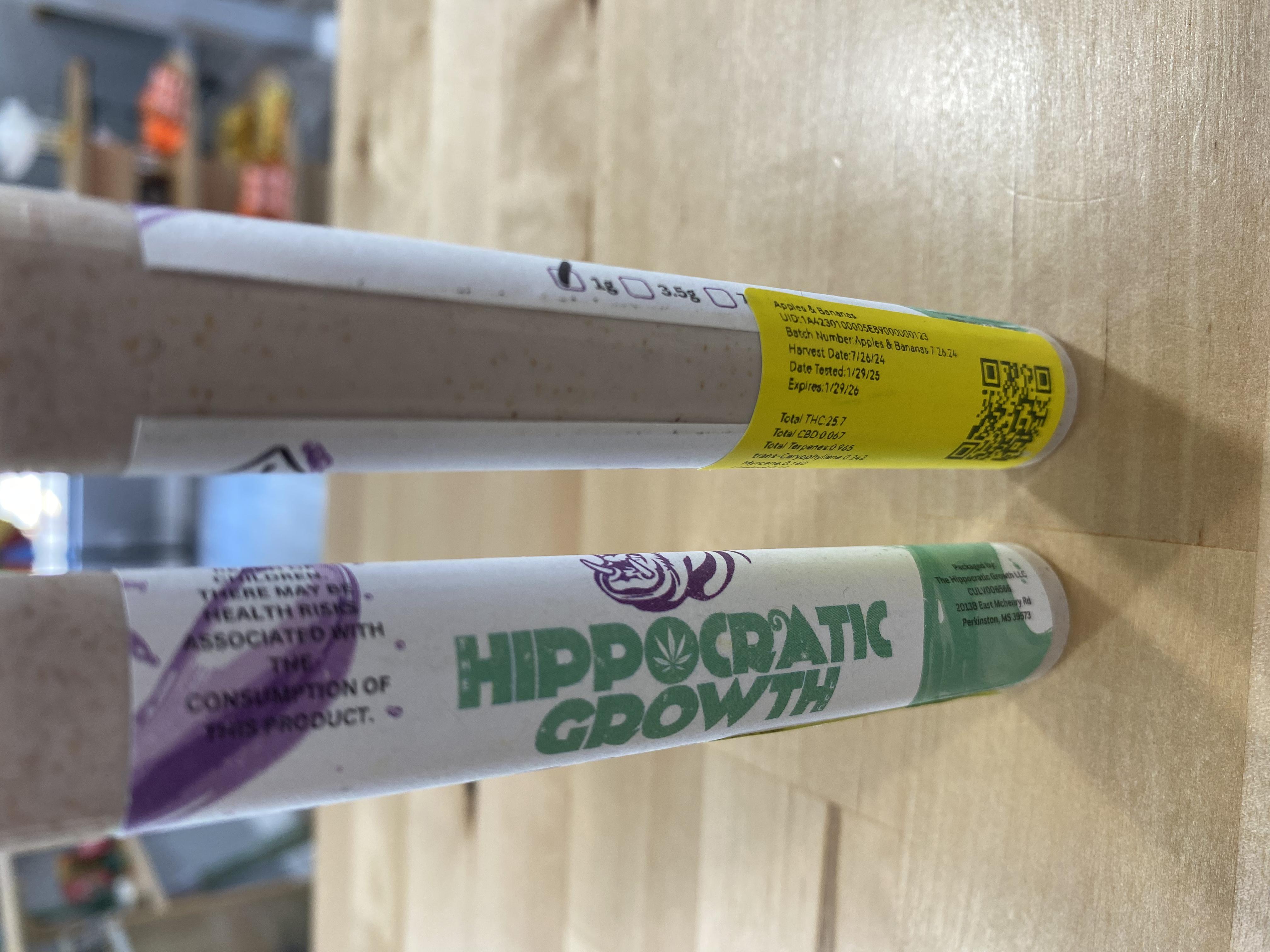 Photograph of product: The Hippocratic Growth- Apples & Bananas .5 Pre Roll (2-pack)