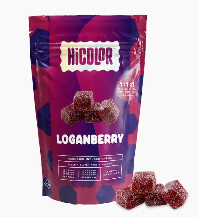 Photograph of product: HiColor 1:1:1 Loganberry Chews 10mg x 10ct
